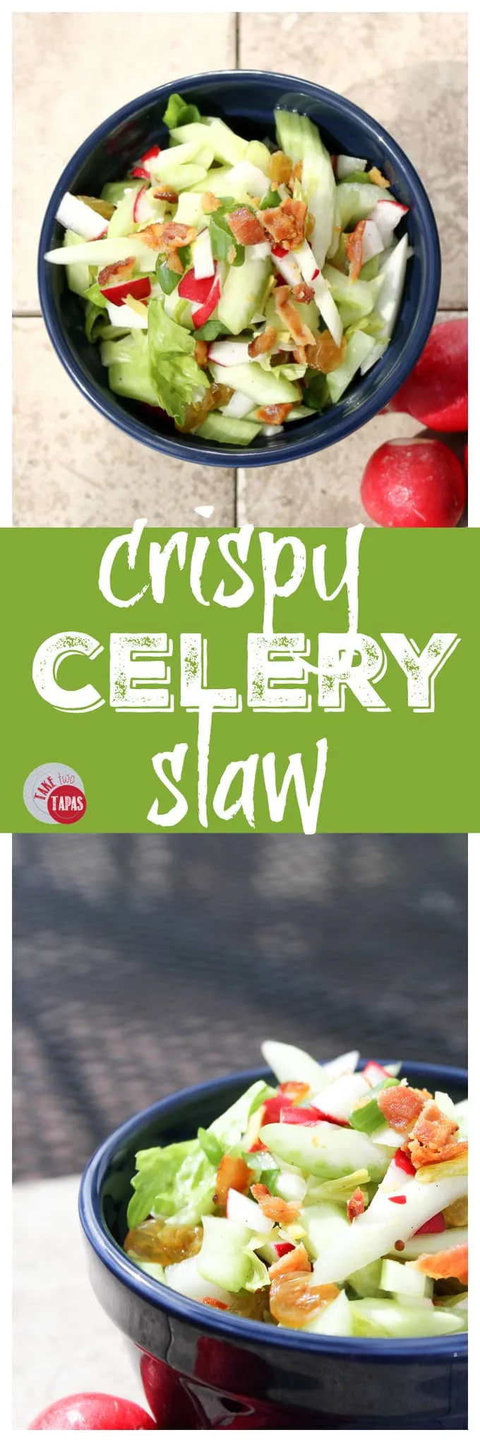 Pinterest double image with text "Crispy Celery Slaw"
