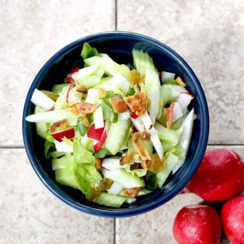 overhead of Crispy Celery Slaw in a blue bowl
