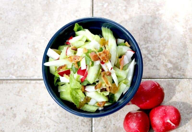 overhead of Crispy Celery Slaw in a blue bowl