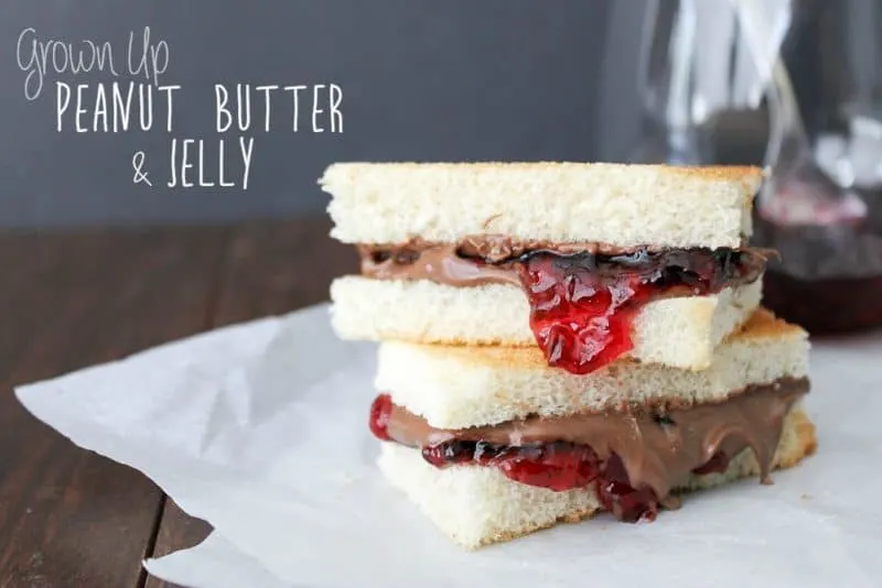 Grown Up Peanut Butter and Jelly on a white napkin and text 