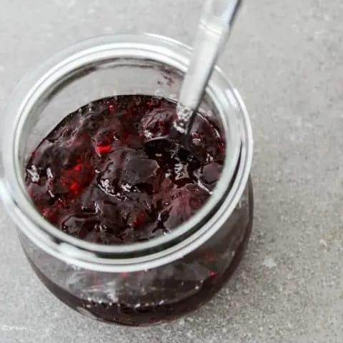 overhead of Juiced Up Grape Jelly in a jar