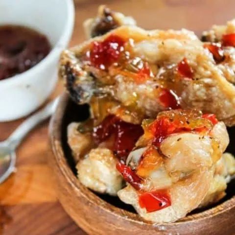 close up of Crispy Chicken Wings with Four Pepper Jelly