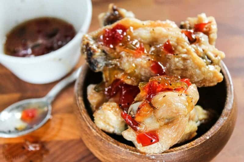 close up of Crispy Chicken Wings with Four Pepper Jelly