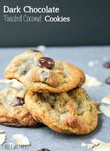 I love cookies and these are elevate with dark chocolate and crispy toasted coconut that will remind you of a candy bar! Dark Chocolate Toasted Coconut Cookies Recipes | Take Two Tapas
