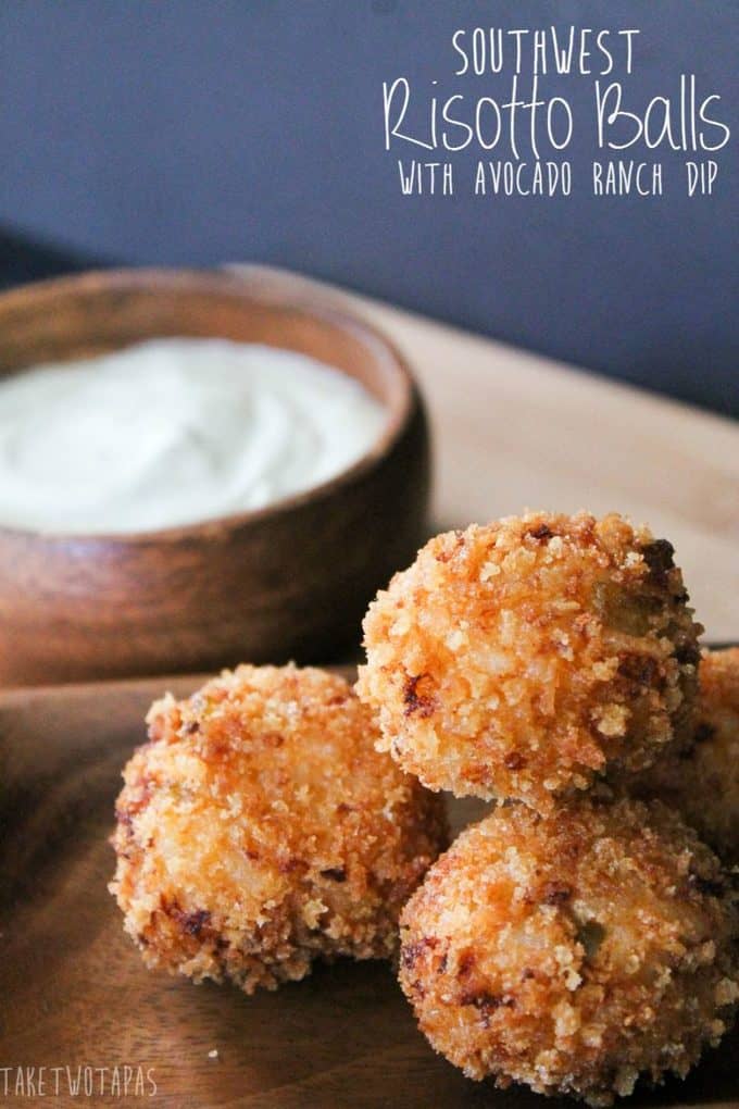 Southwest Risotto Balls text "southwest risotto balls with avocado ranch dip"