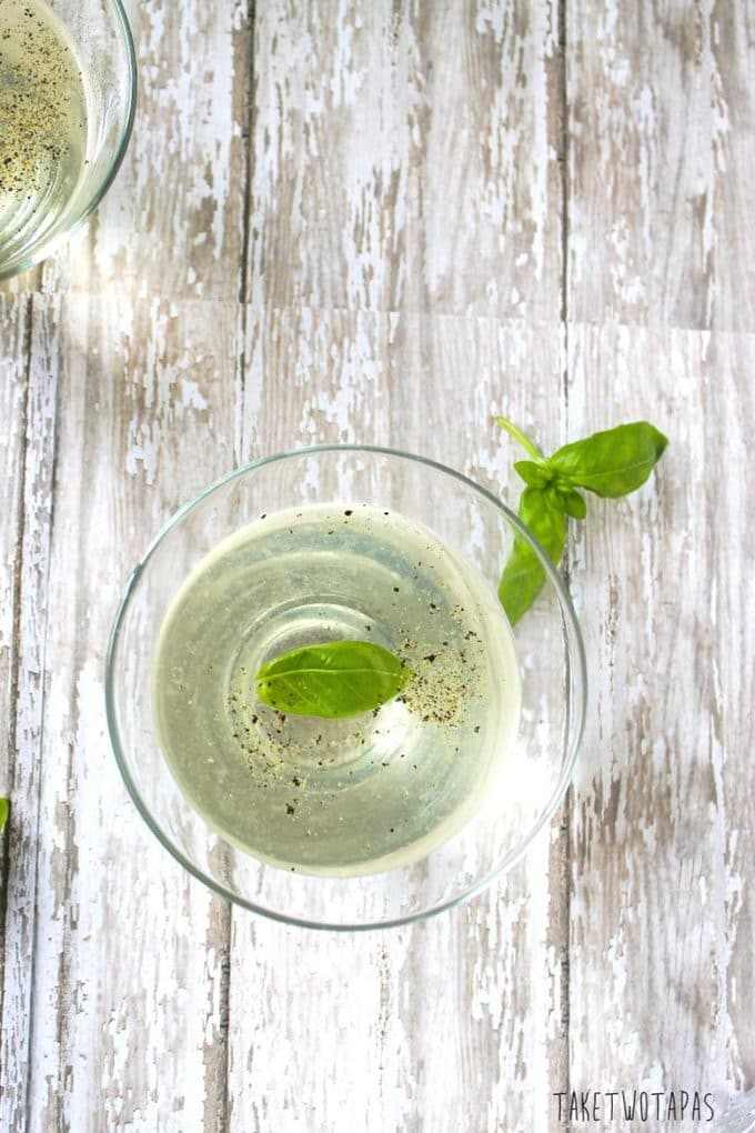 Overhead of Basil Martini with Lime and Black Pepper