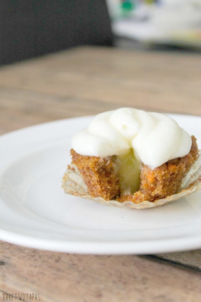 These moist and spicy mini carrot cake cupcakes are the perfect bite with the addition of tart lemon curd and creamy cream cheese frosting! Mini Carrot Cake Cupcakes Recipe with a Surprise | Take Two Tapas