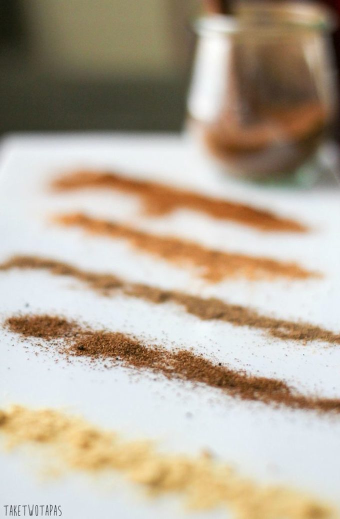rows of individual spices on a white platter
