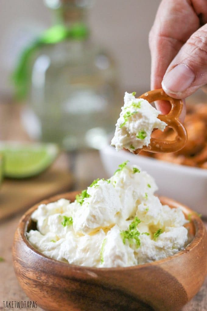 close up of Creamy Margarita Dip on a pretzel