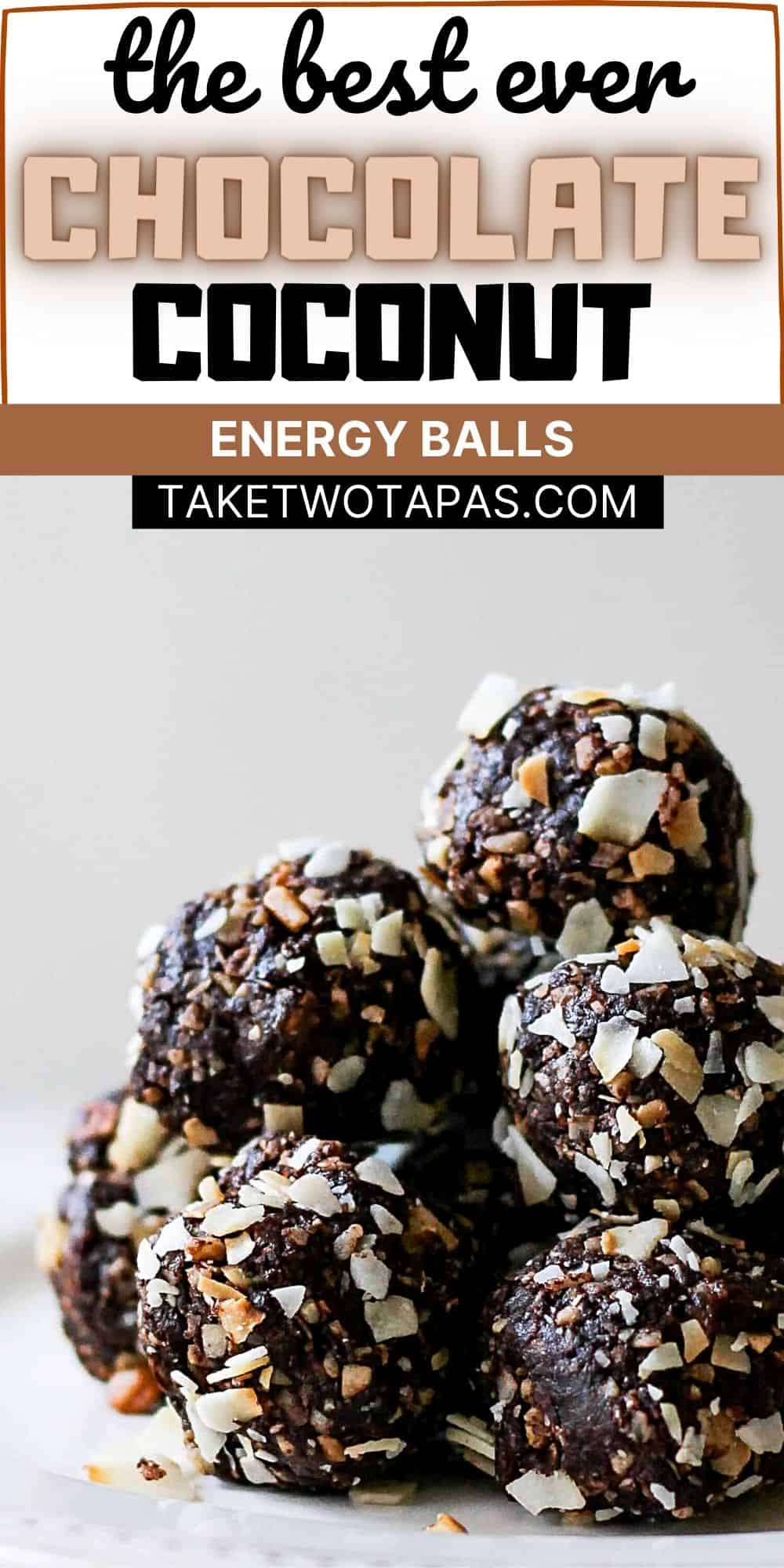 energy balls on cake plate with text "best ever chocolate coconut energy balls"