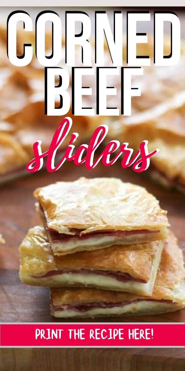 stack of sliders on cutting board with text "corned beef sliders"