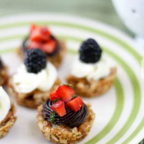 Strawberry Pretzel Stacks on a white striped plate