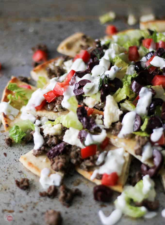 close up of Greek Gyro Nachos