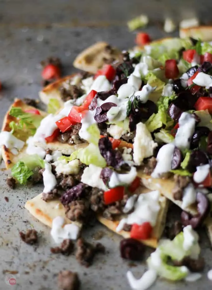 close up of Greek Gyro Nachos