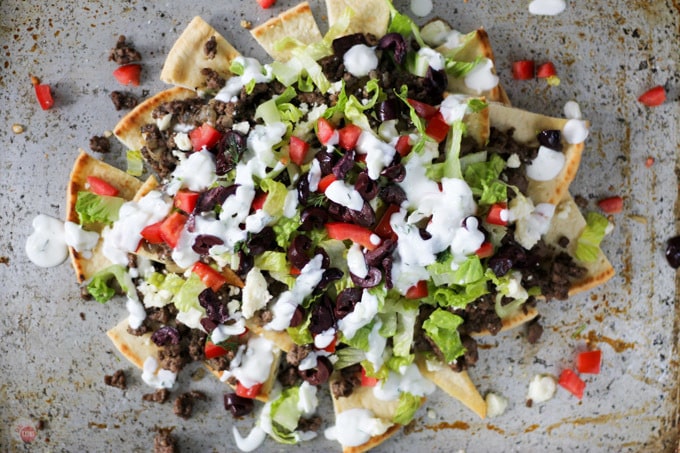 overhead picture of Greek sheet pan nachos