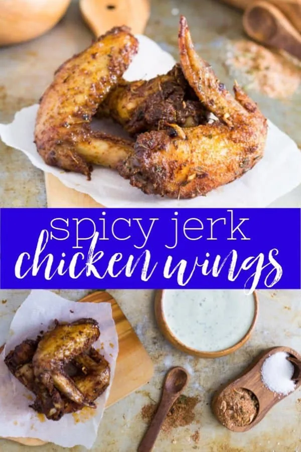 Pinterest collage image with text "spicy jerk chicken wings"