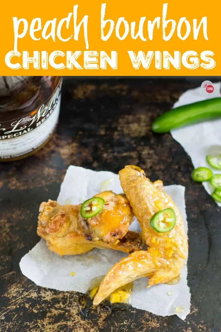 Pinterest image with text "Peach Bourbon Chicken Wings"