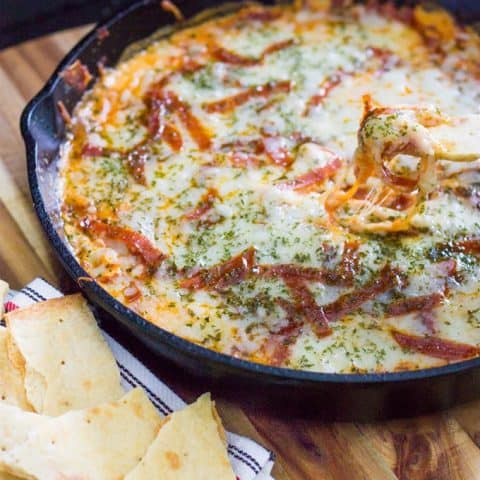 Thin Crust Crackers are best with my Extra Cheesy Pepperoni Pizza Skillet Dip | Take Two Tapas | #PizzaDip #SkilletDip #PepperoniDip #DipRecipe #OnePot #HotDipRecipe