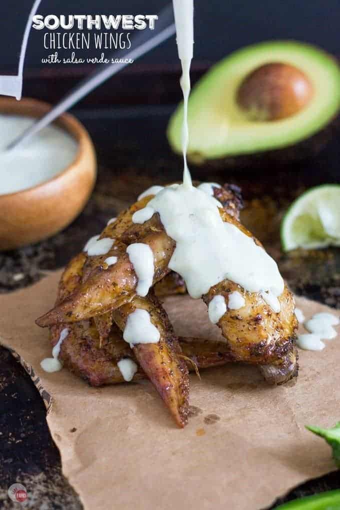 Crispy oven-baked chicken wings with text "southwest chicken wings with salsa verde sauce"