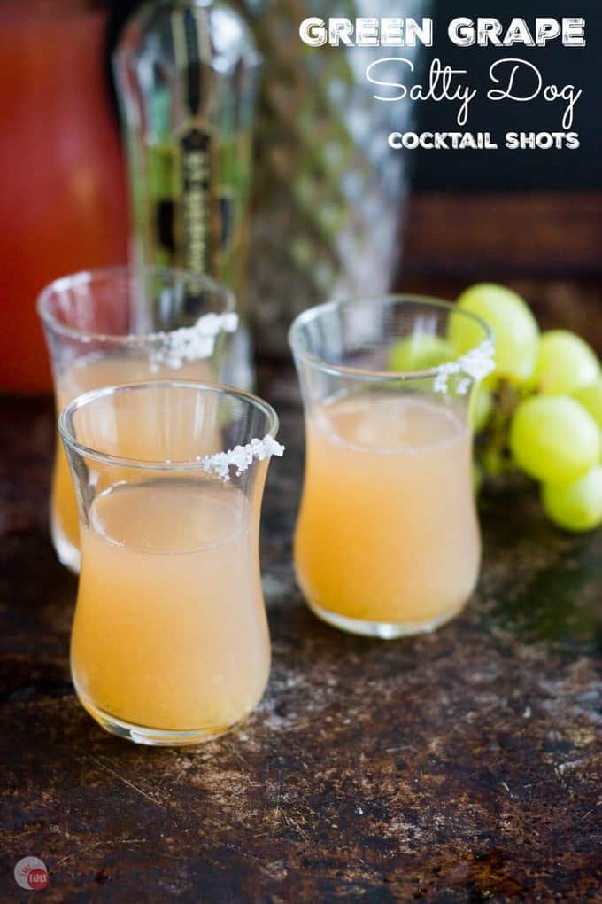 Pinterest image with text "Green Grape Salty Dog Cocktail Shots"