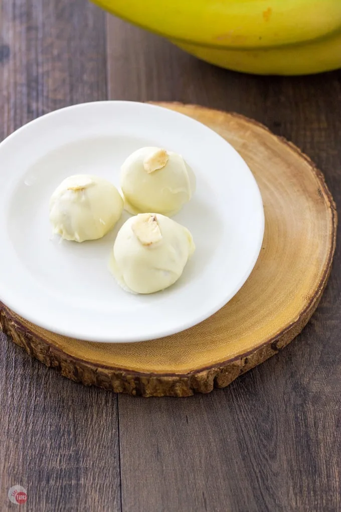 Overhead of Banana Pudding Truffles on a white plate