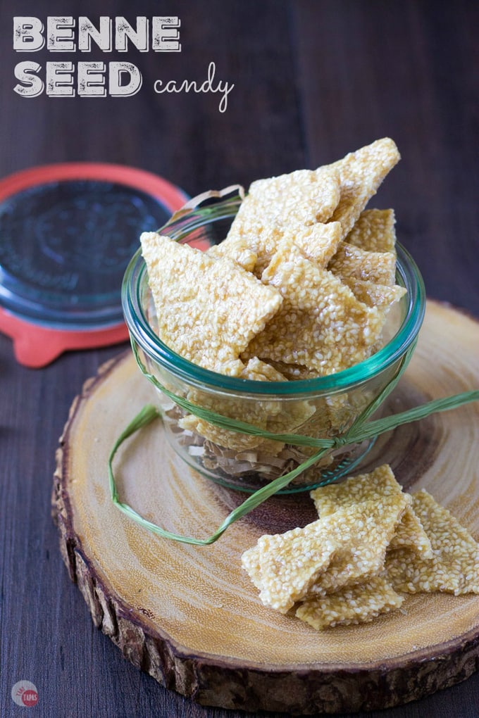 This buttery benne brittle candy is filled with toasted benne seeds (sesame) and is made right in your microwave in less than 10 minutes! Ma's Benne Seed Brittle Candy Recipe | Take Two Tapas | #BenneSeed #SesameSeeds #brittle #BenneBrittle #BenneCandy