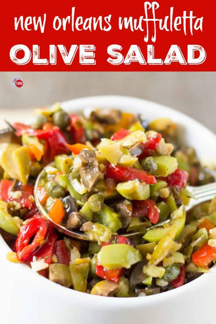 This New Orleans Olive salad is a mixture of olives and peppers for any sandwich! | Take Two Tapas | #olives #NewOrleans #olivesalad #salad #muffuletta