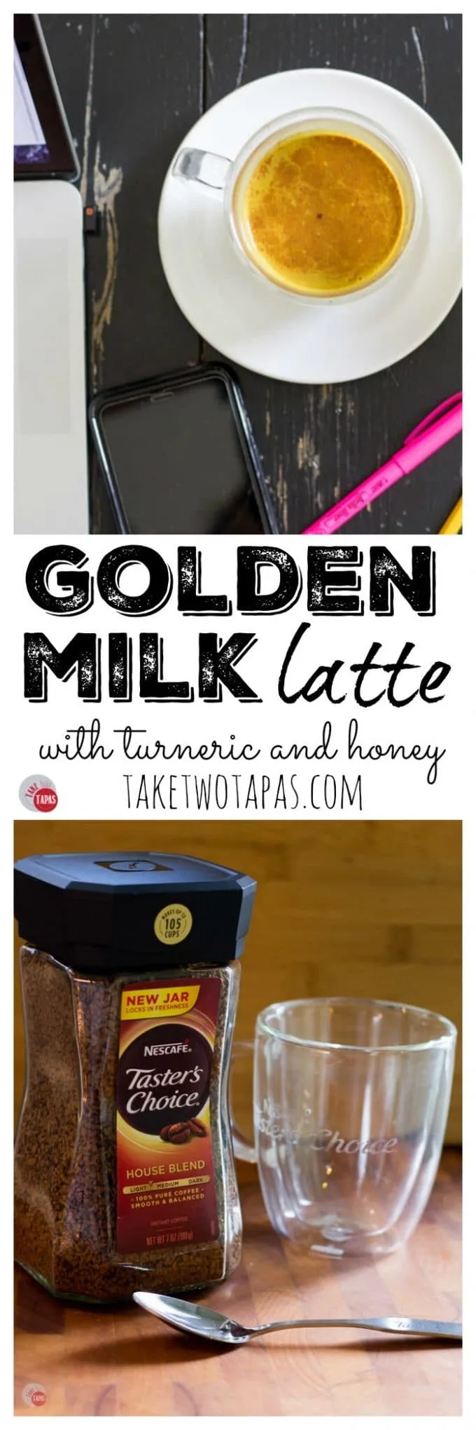 Pinterest collage image with text "golden milk latte with turmeric and honey"