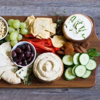Overhead of Mediterranean Tapas Hummus Meze Platter