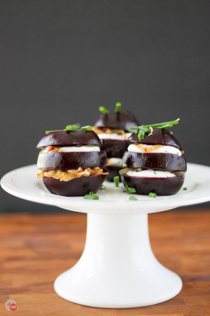 Assemble a gorgeous appetizer or salad course of pickled roasted beet napoleons with goat cheese and caramelized shallots. Make everything ahead of time and wow your guests when it's time to eat! Pickled Beet Napoleons Recipe | Take Two Tapas