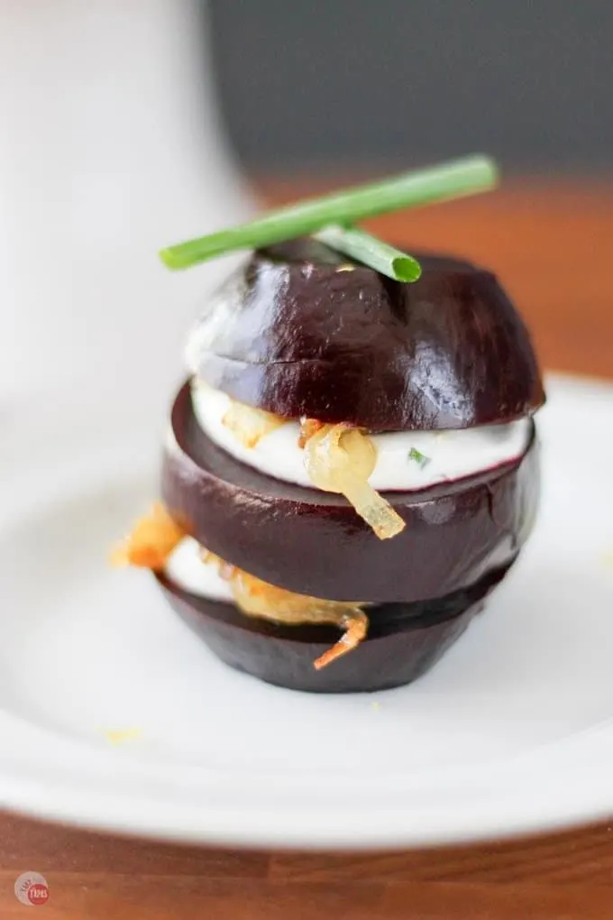 Assemble a gorgeous appetizer or salad course of pickled roasted beet napoleons with goat cheese and caramelized shallots. Make everything ahead of time and wow your guests when it's time to eat! Pickled Beet Napoleons Recipe | Take Two Tapas
