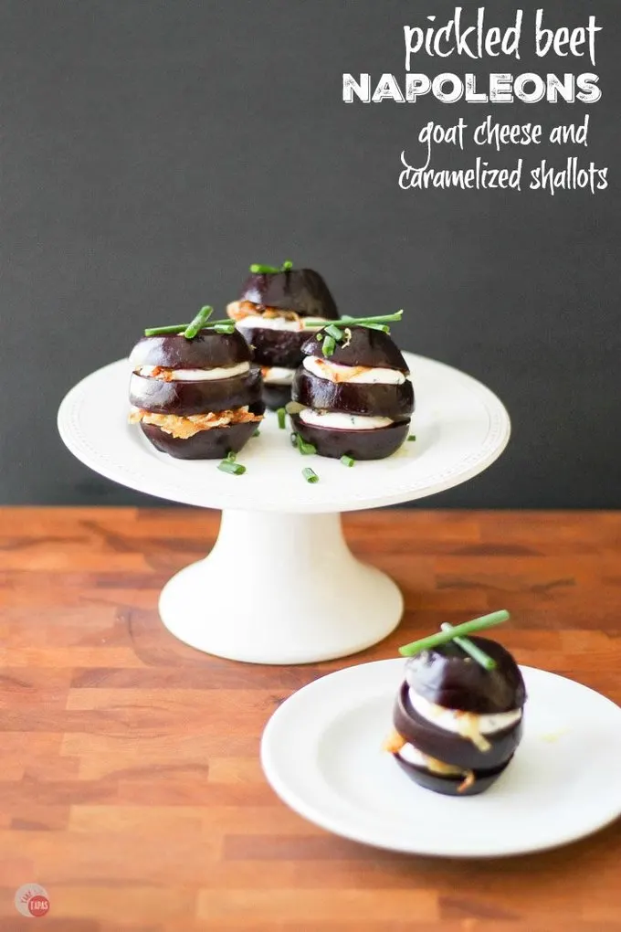 Assemble a gorgeous appetizer or salad course of pickled roasted beet napoleons with goat cheese and caramelized shallots. Make everything ahead of time and wow your guests when it's time to eat! Pickled Beet Napoleons Recipe | Take Two Tapas