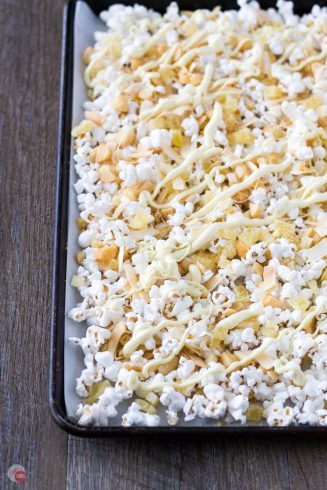 A tropical snack mix of dried pineapple, toasted coconut chips, roasted macadamia nuts, drizzled in white chocolate. Perfect as a slightly healthier snack mix for those days when you are craving everything! Tropical Hawaiian Popcorn Mix Recipe | Take Two Tapas