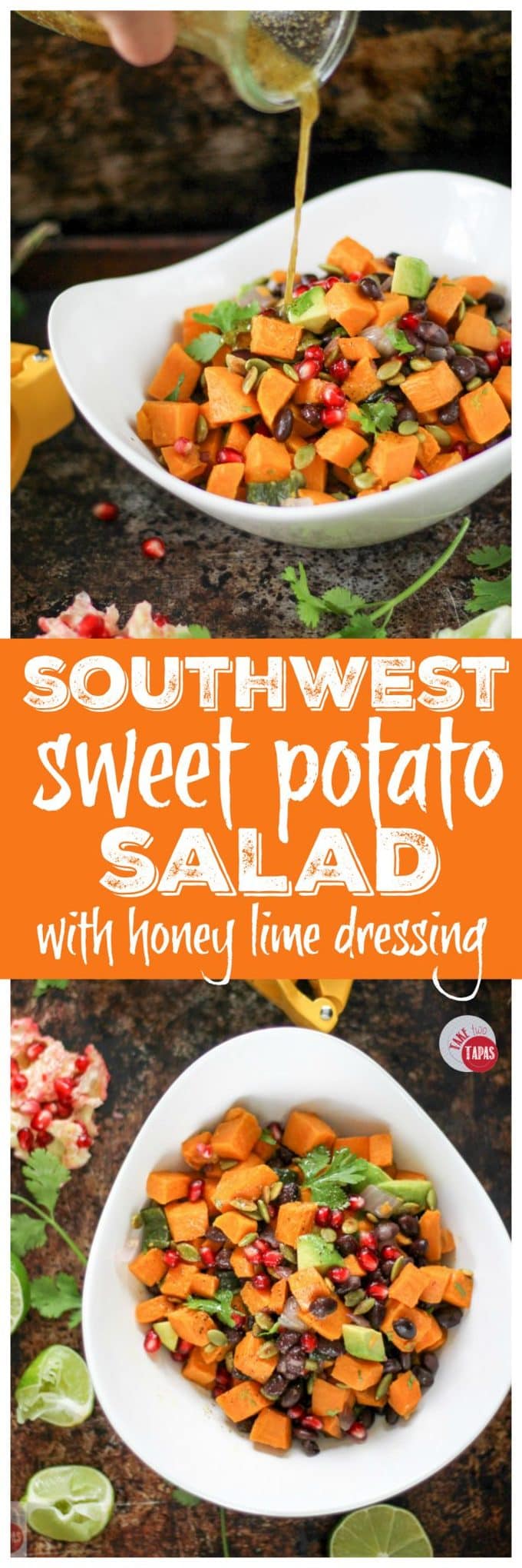 Pinterest collage image with text "southwest sweet potato salad with honey lime dressing"