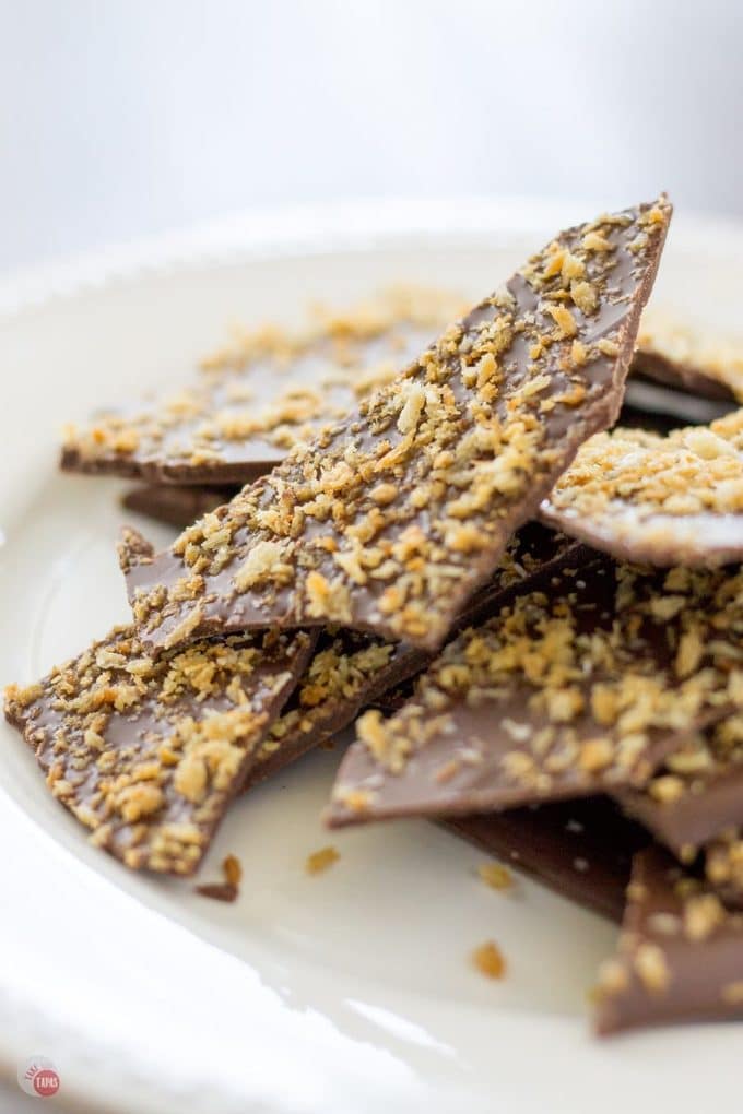 Dark Chocolate Bark with Panko Crumbs on a white plate