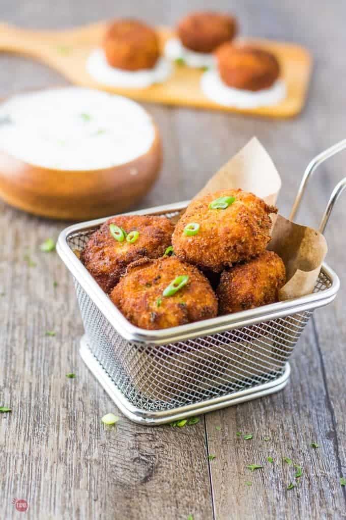 Southwest potato croquettes on a paper lined fry basket