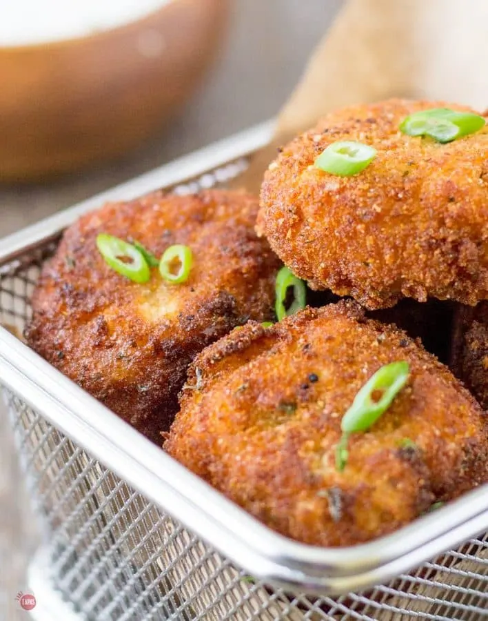 Close up of Southwest Potato Croquettes in a fry basket