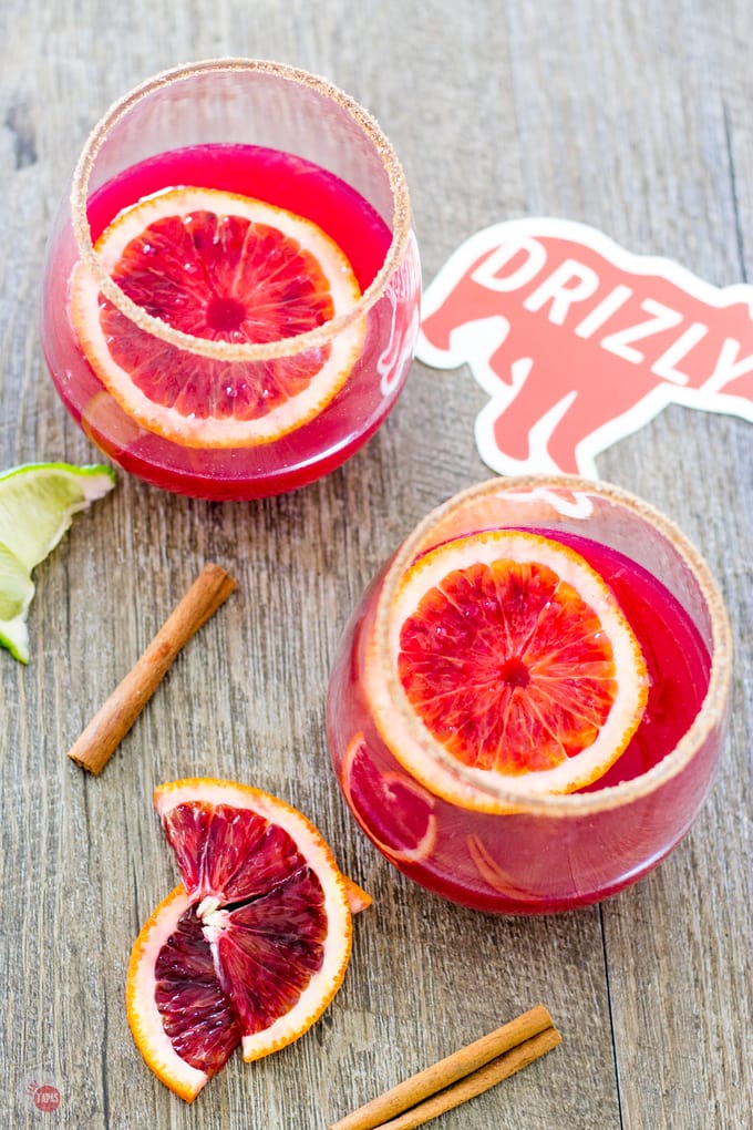 A sweet Blood Orange Margarita with a Cinnamon Sugar Rim