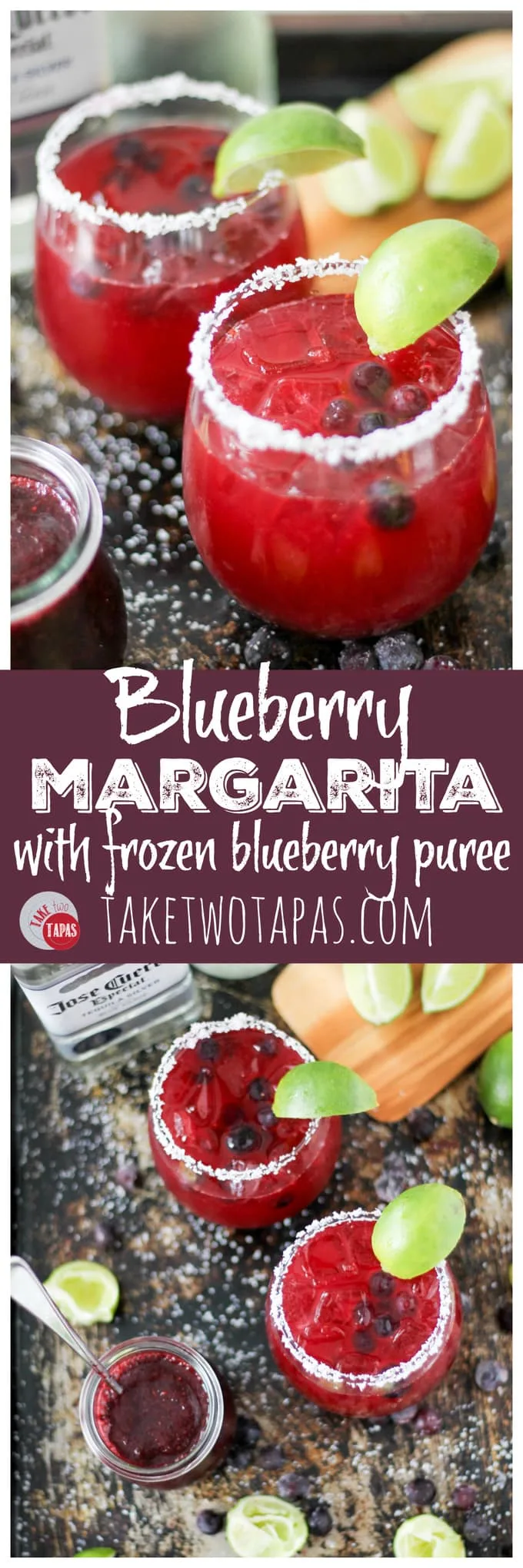 Pinterest collage image with text "Blueberry Margarita with frozen blueberry puree"