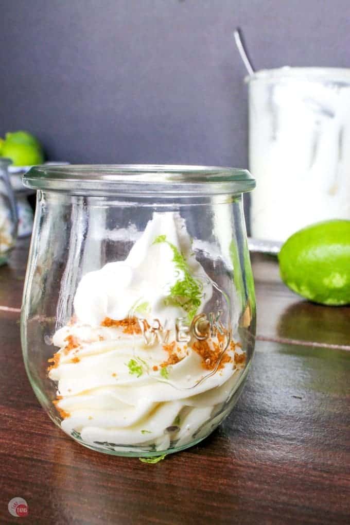 Side view of Key Lime Coconut Cheesecake Jar