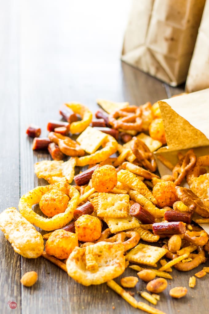 close up of snack mix on table