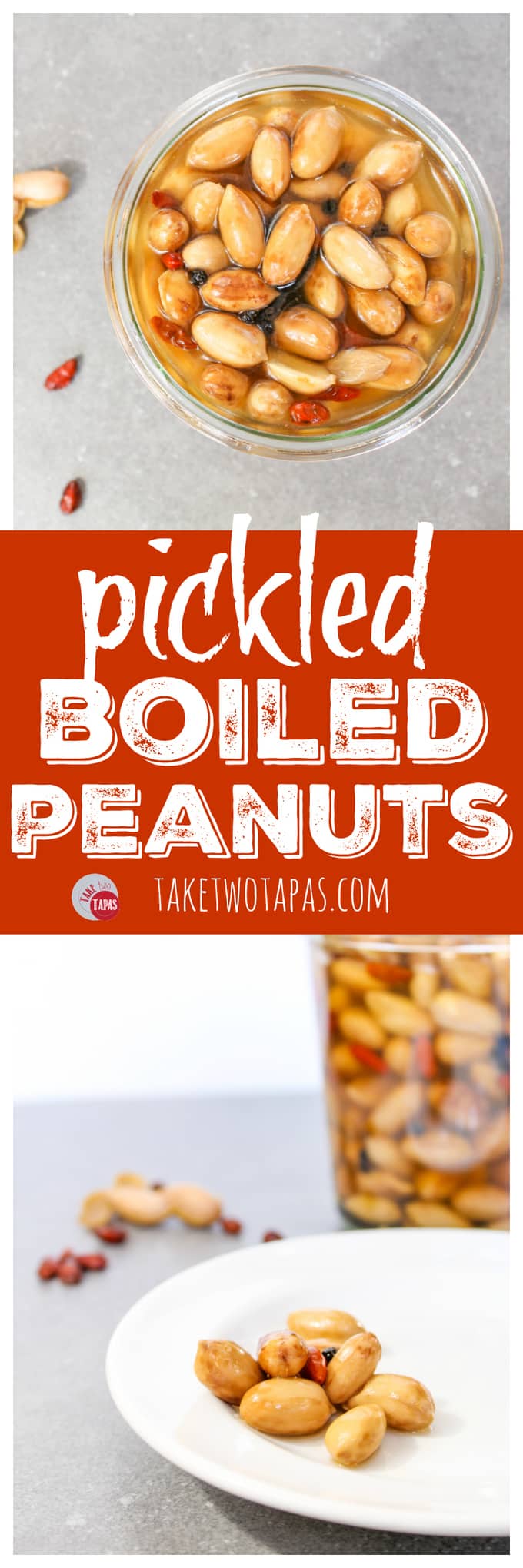 Pinterest double image with text "Pickled Boiled Peanuts"