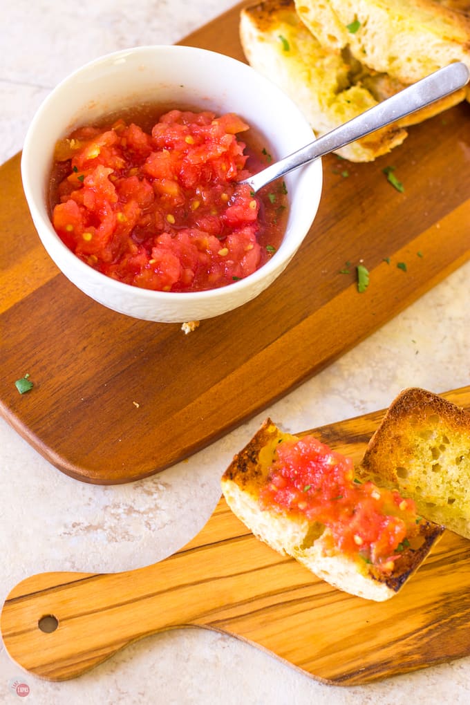 Spanish Pan Con Tomate for simple snacking | Take Two Tapas | #PanConTomate #SpanishTapas #Appetizer #EasyAppetizers #TomatoRecipes #Bread