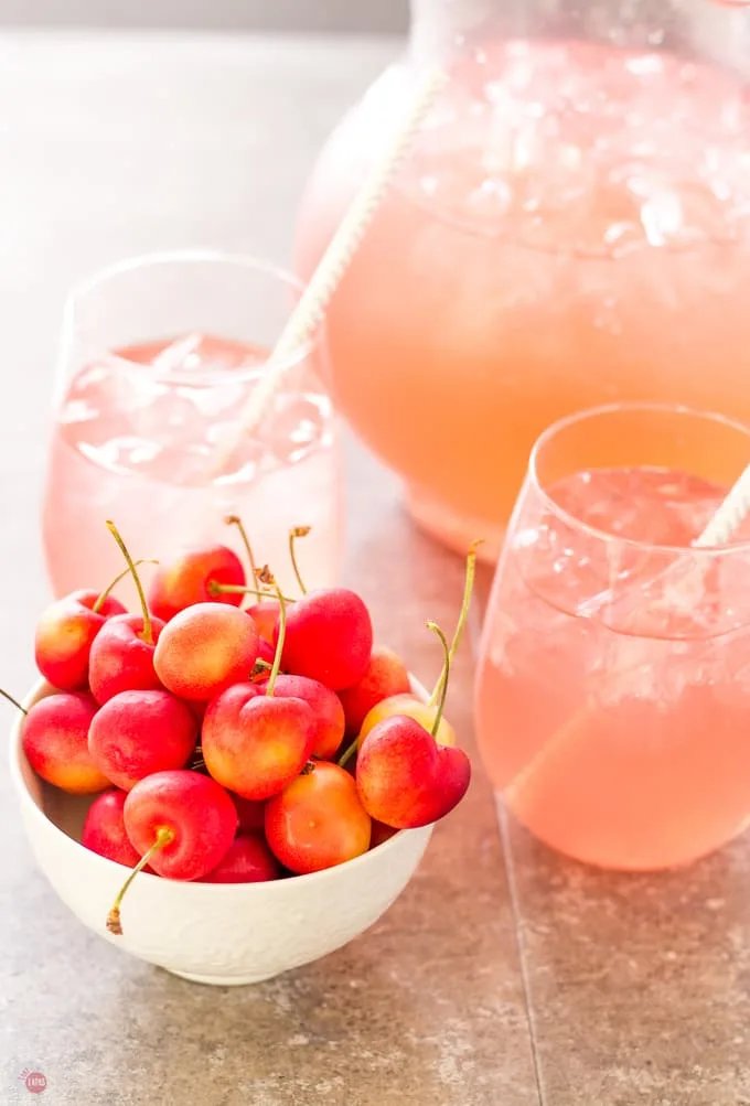 Strawberry Cherries pair well with Pink Passion Party Punch | Take Two Tapas | Pink Passion Party Punch with a threesome of flavors | Take Two Tapas | #partypunchrecipe #pricklypearrecipe #largebatchpunch #bloodorangesoda #PartyRecipes