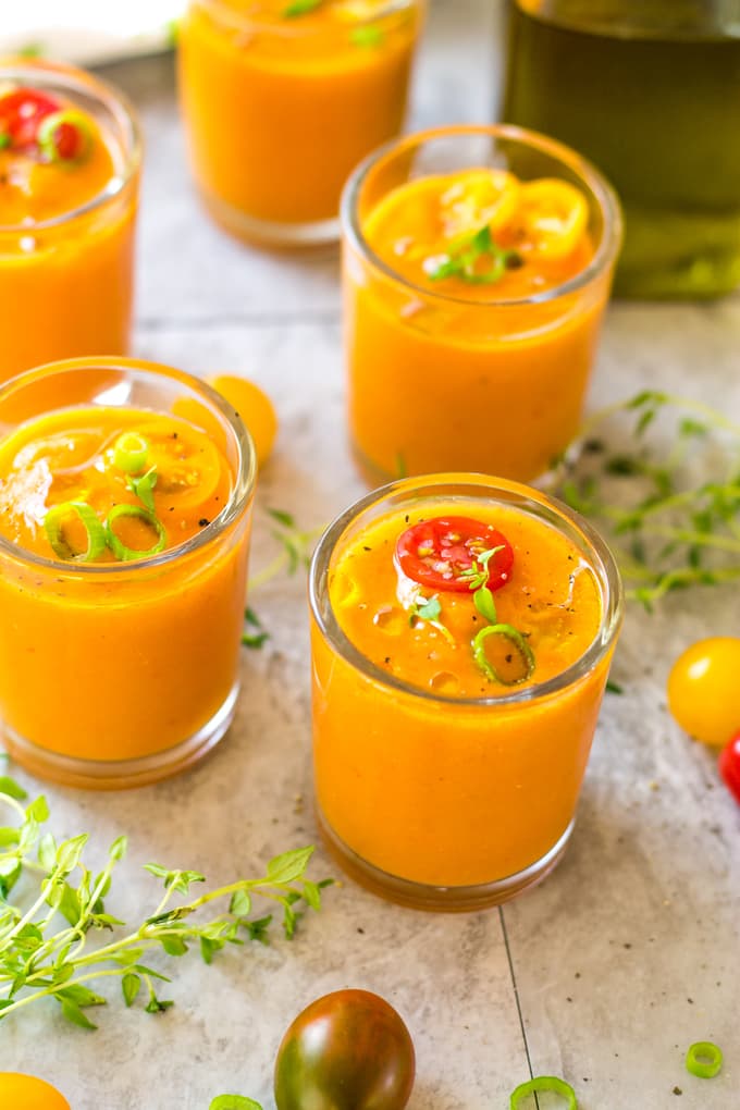 Roasted Tomato Gazpacho Shooters for a cold soup | Take Two Tapas | #Southern #Tapas #SummerMenu