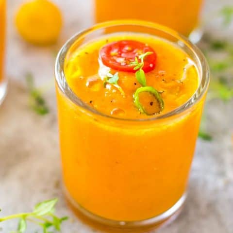 Up close picture of Roasted Tomato Gazpacho Shooters
