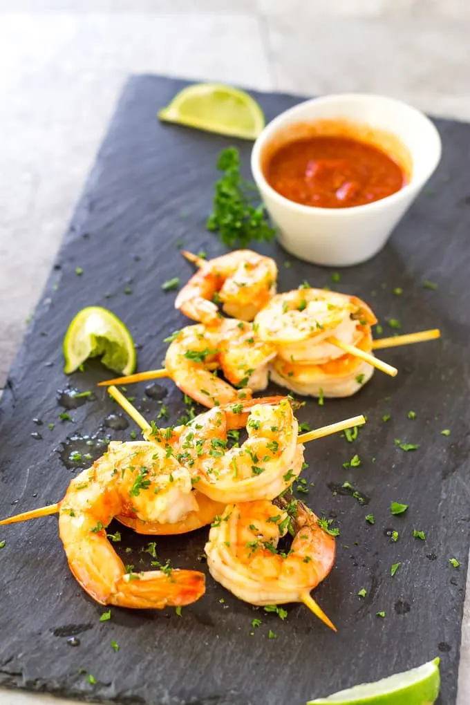 Your guests are going to love these Spicy Margarita Shrimp Skewers | Take Two Tapas | #Margarita #ShrimpSkewers #SkewerRecipes #SeafoodSkewers #MargaritaShrimp #TequilaShrimp