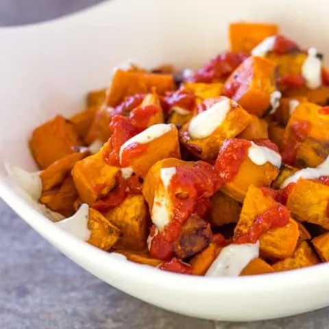Sweet Potato Patatas Bravas in a white bowl