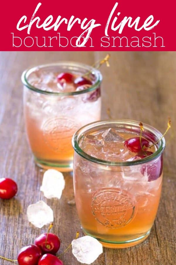 Pinterest image with text "cherry lime bourbon smash"