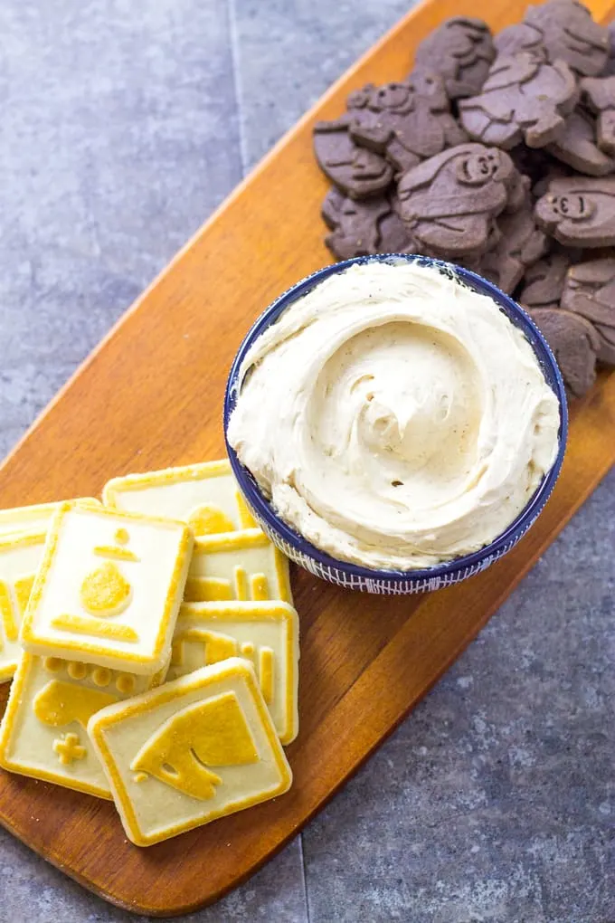 Overhead of Chai latte dip and cookies on a platter